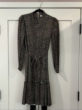 Long-Sleeve Floral Midi Dress in Black and Tan with Tie Waist